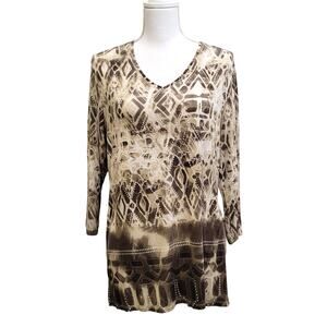 Chico's Top Women's 2, Large Tan Beige V-Neck Tunic Geometric Tribal Lightweight